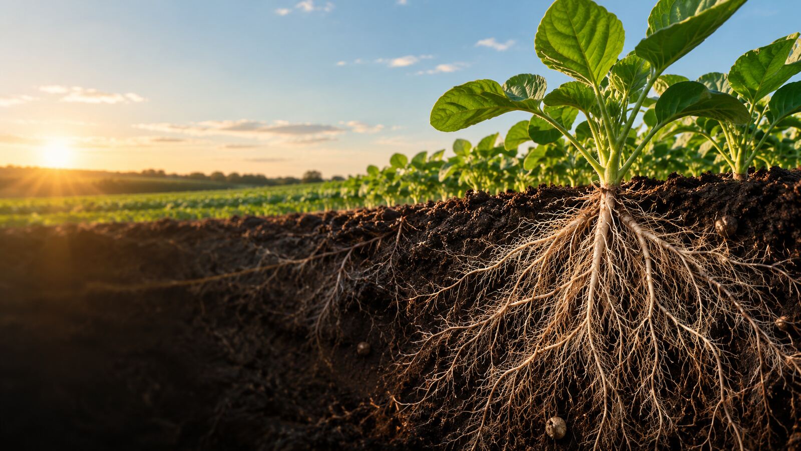 Corte de suelo mostrando el sistema de raíces de un cultivo joven al amanecer, símbolo de la huella que dejan los bioinsumos en la salud del suelo